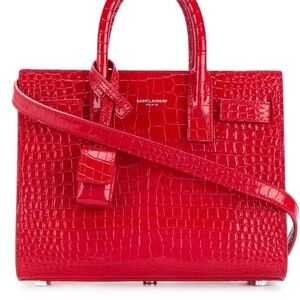 Saint Laurent Red Croc-Embossed Leather Satchel with Detachable Strap